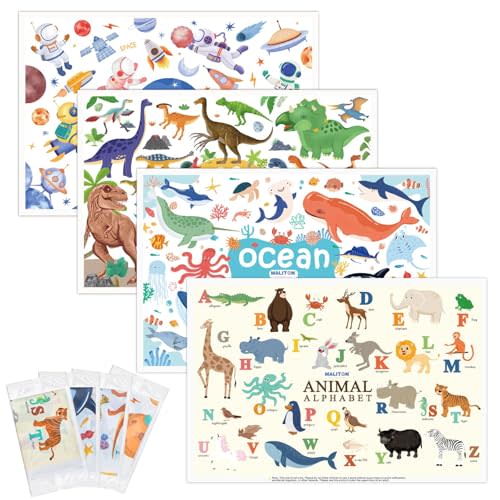 Disposable Placemats for Baby & Toddlers, Disposable Baby Placemats for Restaurants, Travel, Disposable Stick on Placemats with 4 Designs, Disposable Table Mats for Kids (Individual Package)