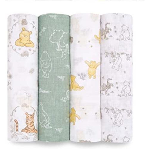 aden + anais Essentials Disney Muslin Swaddle Blankets for Baby Girls and Boys, Newborn Receiving Blanket for Swaddling, 100% Cotton Baby Swaddle Wrap, 4 Pack, Winnie + Friends