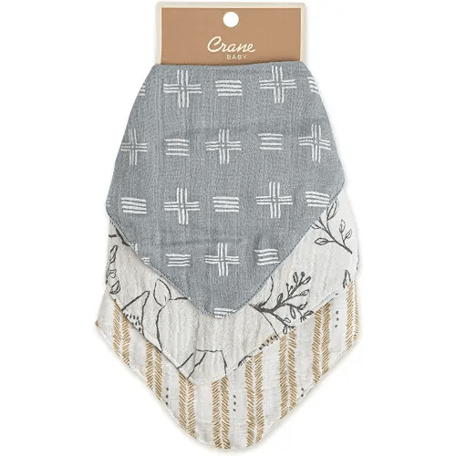 Crane Baby Soft Muslin Baby Bib Set, Adjustable and Absorbent Bandana Style Bibs for Boys and Girls, Safari Animal, 3 Piece, 13.6" x 10.3"