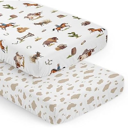 Sweet Jojo Designs Western Cowboy Boy Baby Fitted Crib Sheet Set Infant Newborn Nursery Toddler Bed Room Standard Mattress 2p Cow Print and Wild West Southern Charm Country South Horse Farm Animal Tan