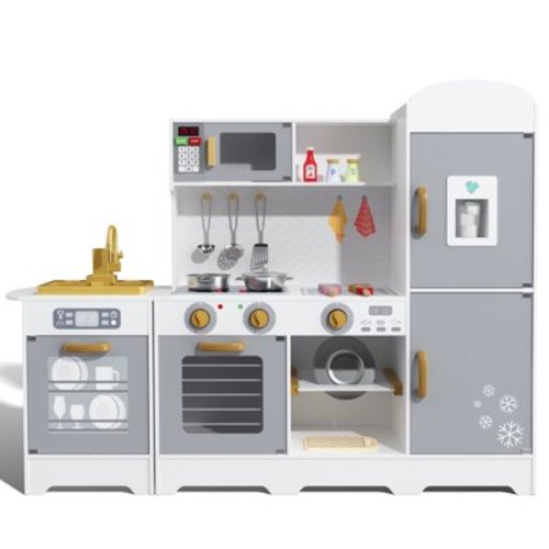 Kids Play Kitchen Set, Pretend Wooden Play Kitchen with Stove, Oven, Sink, Ice Maker, and Accessories, Chef Pretend Play Set with Real Lights & Sounds, Gift for Kids Toddlers