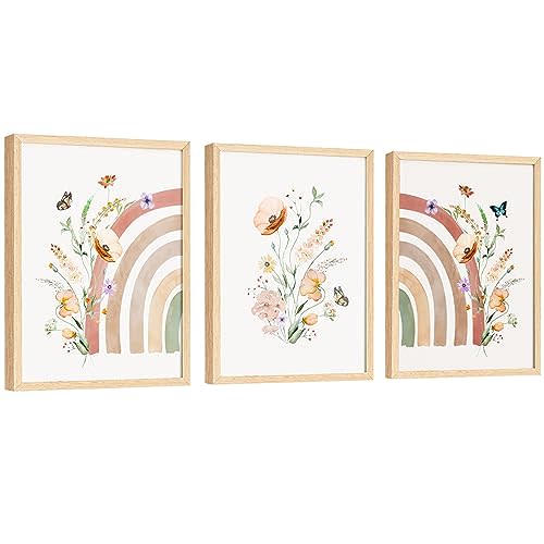 EXCOOL CLUB Rainbow Nursery Decor - 12x16 Rainbow Decor for Girls Bedroom, Wall Art Prints Pictures, Neutral Wildflower Boho Posters for Baby Kids Classroom Decorations (UNFRAMED)