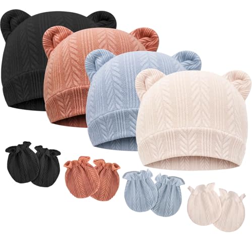 BQUBO Newborn Baby Hats Bear Ears and Mittens Sets Preemie Caps Baby Boy Girl Infant Hospital Beanie for 0-3 Months