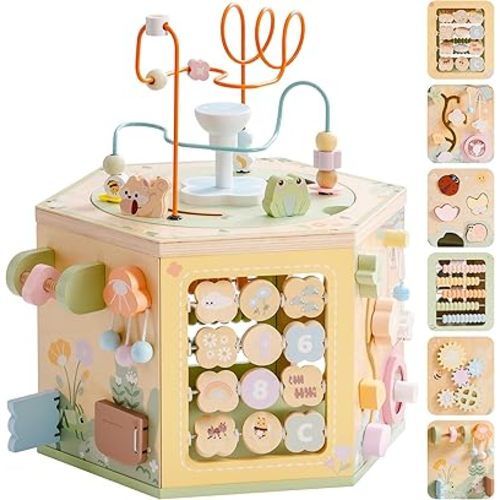 ROBOTIME Wooden Activity Cube for Toddlers, 13 in 1 Montessori Baby Activity Cube, Baby Play Cube Toy with Educational Features, Gift Wooden Cube Toy for Boys & Girls - 1 Year +