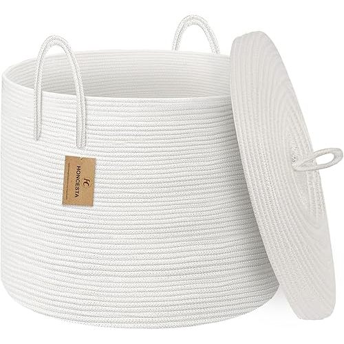 18" X 18" X 14" Extra Large White Basket with Lid, Woven Cotton Rope Basket for Blankets for Living Room, Kids Toy Storage Bin, Wicker Bathroom Towel Basket, All White Baskets for Organizing