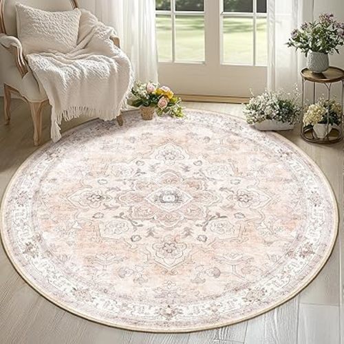 Machine Washable 6ft Area Rugs for Living Room Vintage Carpet Non Slip Low Pile Water Repellent Soft Print Pattern for Bedroom Indoor Decor Polyester Rug Pink