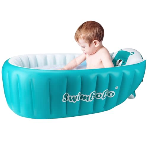Swimbobo Inflatable Baby Bath Tub Portable Foldable Travel Mini Swimming Pool Helps Infants to Toddler Tub (Blue)