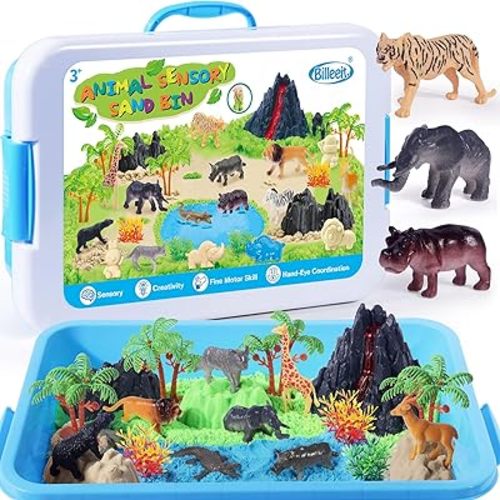 Billeeit Animal Sensory Bin Sand Toy, Play Sand Kit w/lid and 2.2lbs Magic Sand, Molds, Tools, Map Set 35pcs Total, Fun Gift for Kids 3+
