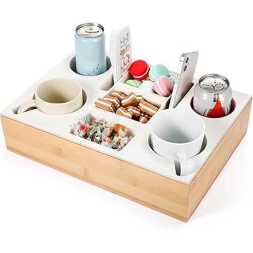 Yerliker Couch Cup Holder Tray, Silicone Lining Couch Caddy Waterproof Anti-spill Sofa Cup Holder for Bed Car Seat Organizer, Hold Mugs, Drinks, Snacks, Phones, Remotes(Rectangle,White,Bamboo)