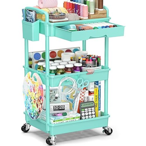 3-Tier Rolling Cart with Drawer & Lockable Wheels, Bathroom Storage Organizer Multifunctional Rolling Storage Cart for Bathroom, Kitchen, Office, Craft, Makeup, Baby Essentials, Blue