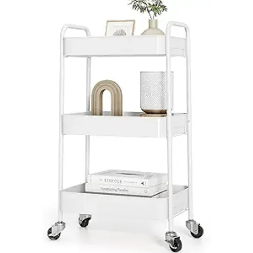 TOOLF 3-Tier Metal Rolling Cart with Wheels, Storage Utility Organizer Cart for Kitchen, Bathroom, Office, Baby Essentials & Makeup - Lockable Casters, Easy Assembly, Large Capacity, White