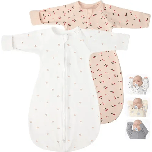 2 Pack Transitional Swaddle Sack with Arms Up Length Sleeves & Mitten Cuffs, Self-Soothing Sleeping Bag 2 Ways Zipper, Wearable Swaddling Blanket for Newborns Baby Snug Fit Calms Startle Reflex