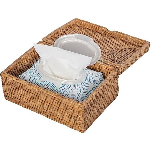 Kouboo Rattan Wet Wipes Box - Decorative Container with Hinged Lid for Jewelry and Small Items - Honey-Brown