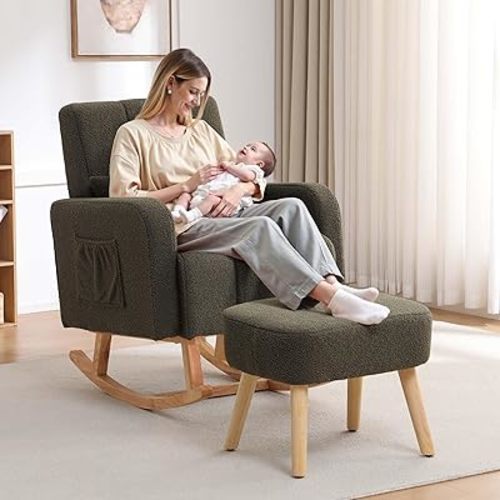 Rocking Nursing Chair with Ottoman, Upholstered Glider Rocker Armchair with High Backrest and Side Pocket, Comfy Reading Chair with Solid Wood Legs for Nursery, Living Room,Bedroom, Green