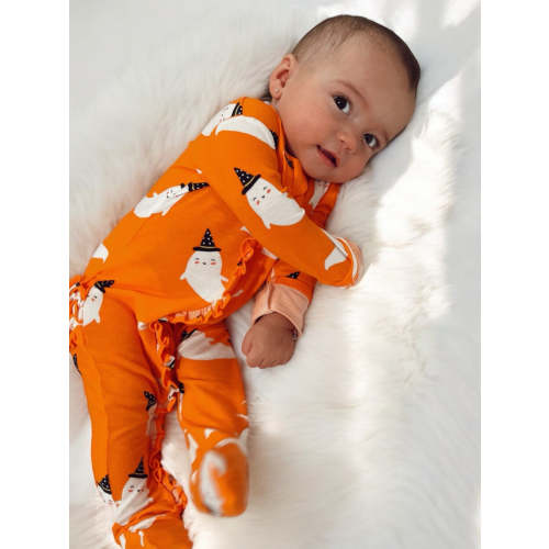 2-Way Ruffle Zip Footie, Orange Ghost