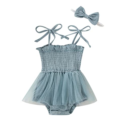 MERSARIPHY Newborn Baby Girl Summer Outfit Sleeveless Ruffle Smocked Halter Tulle Romper Dress One-piece Jumpsuit Clothes