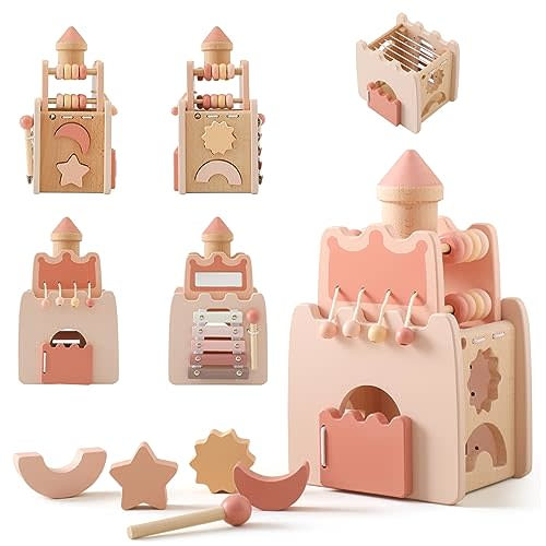Wooden Baby Activity Cube for Toddlers 1 Year Old,5 in 1 Shape Sorter Abacus Beads Montessori Toys for Baby Girl 6 Months+, Early Educational Learning Toy for Girls 1 Year Up