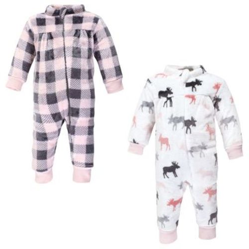 Hudson Baby Infant Girl Plush Jumpsuits, Pink Moose, 3-6 Months
