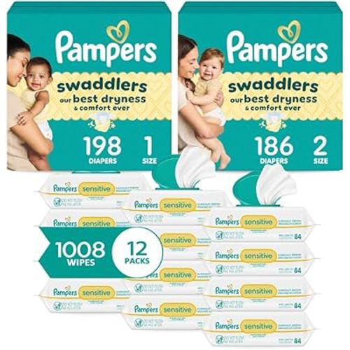 Pampers Baby Diapers and Wipes Starter Kit, Swaddlers Disposable Sizes 1 (198 Count) & 2 (186 Count) with Sensitive Water Based 12X Multi Pack Pop-Top Refill (1008 Count)