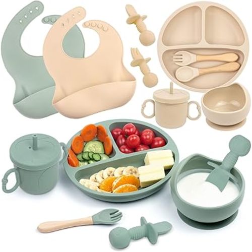 Silicone Baby Feeding Set, 18PCS Baby Led Weaning Supplies, Includes Baby Suction Bowls and Plates, Silicone Baby Bibs, Silicone Baby Cup, Silicone Baby Spoons and Forks (Beige & Olive-green)