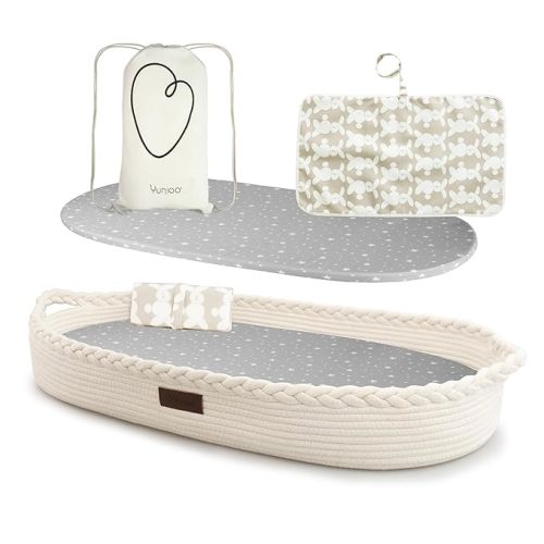 Deluxe Baby Changing Basket with Extra Travel Diaper pad, Foldable Baby Changing Pad with Water Repellent Cover, Cotton Rope Baby Basket, Changing Table Topper for Dresser (White)