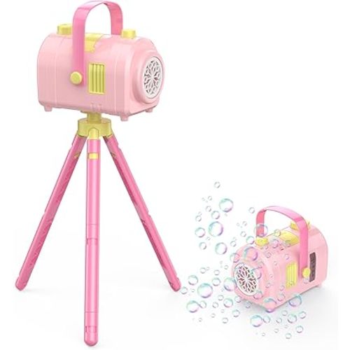 Bubble Machine Large Capacity, Automatic Kids Bubble Blower with 10 Holes 2 Speeds 17oz/500ml, Rechargeable Portable Bubble Toy with Tripod for Indoor, Outdoor, Birthday, Parties (Pink)