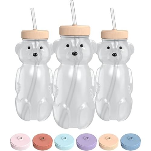 Honey Bear Straw Cup for Babies, 8-oz Honey Bear Cup with Lid, 3-Pack Therapy Learning Honeybear Straw Cup, Baby Honey Bear Bottle Set, Creamsicle PEACH