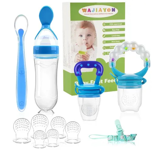 WAJIAYON Baby Fruit Feeder Pacifier - 12 Pack | 2 Infant Food Feeder Pacifier & 1 Babies Food Dispensing Spoon | Fruit Teethers for Babies | Silicone Teether Feeder Baby,Infant Teething Toys (Blue)