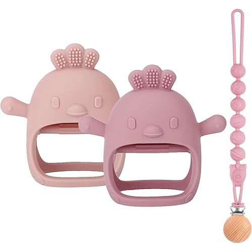 3 Packs Baby Teether Toy for 0-6 6-12 Months,Hold & Wear,BPA Free,Food Grade Silicone Teething Mitten, Anti Dropping Wrist Hand Teethers Baby Chew Toys for Sucking Needs(Pink & Dark Pink)