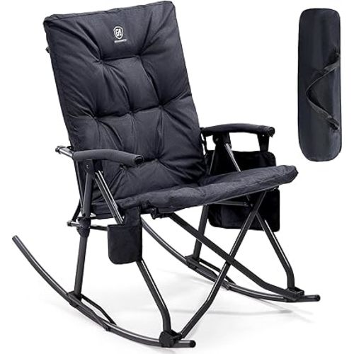 EVER ADVANCED Oversized Folding Rocking Camping Chair, Padded Portable Rocker Chair for Patio, Lawn and Outdoors, Heavy Duty Hard Armchair for Adults Supports 400lbs, Black