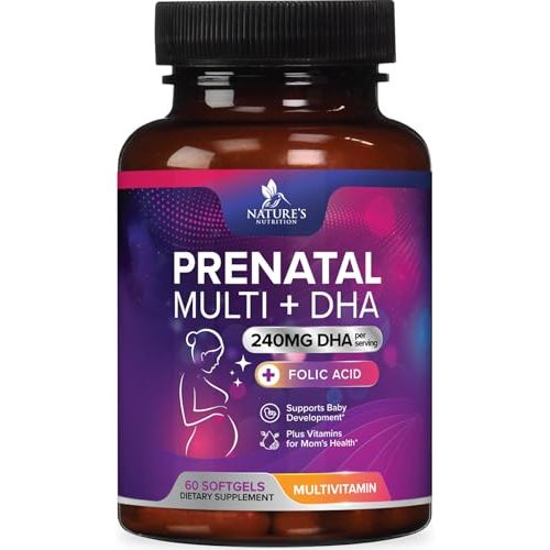 Prenatal Vitamins for Women with Folic Acid & DHA, Fetal Brain Development Support with Folate & Omega 3's, Prenatal Multivitamin, Vitamin A, C, D, B6, B12 & Iron, Pregnancy Supplement - 60 Softgels