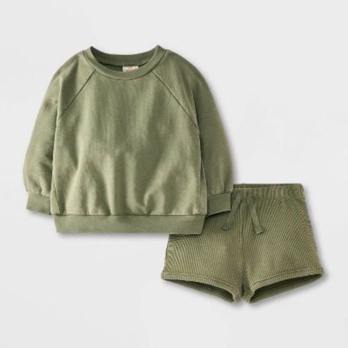 Baby Waffle Sweatshirt & Shorts Set - Cat & Jack™ Orange 12M: Midweight French Terry, Adjustable Drawstring Waist, Machine Washable
