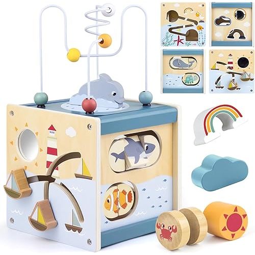 Wooden Activity Cube Montessori Toys for 1 Year Old Toddlers 12 Months + Toddler Learning Toys 1-3 Boys Girls Baby Sensory Interactive Birthday Gift