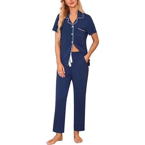 Samring Women Pajamas Sets 2 Piece Short Sleeve Soft Sleepwear Pjs Lounge Set Button Down Nightwear with Long Pants