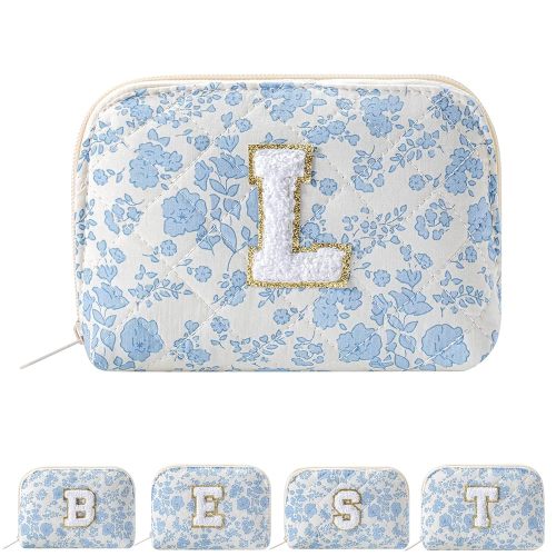 JOVAKIT Conch Alphabet Makeup Bag Cosmetic Bag for Women, Christmas Gifts for Women Girls, Blue Floral Coquette Travel Bag, Zipper Make Up Pouch Organizer Trendy Stuff (Blue Floral L)