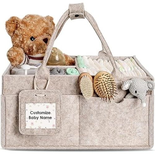 GEMII Diaper Caddy Organizer - Large Baby Caddy Organizer with Handle for Newborn Essentials Boy or Girl, Portable Diaper Storage Basket Bin for car diaper caddy, Baby Shower Gifts (Oatmeal, Large)