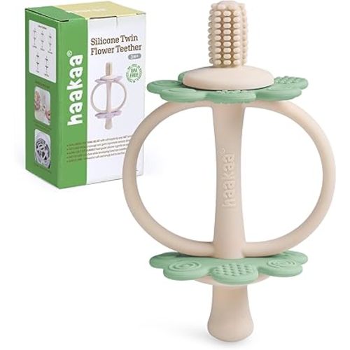haakaa Silicone Baby Teething Toys,Nipple-Shaped End for Gum Massage,360° Baby Toothbrush Head for Self-Brushing Training,Easy to Grip-Pea Green