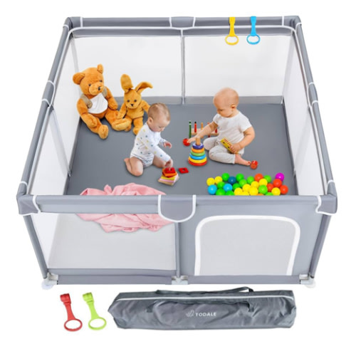 Todale 50”×50” Baby Playpen - Safe Infant & Toddler Gate for Crib - Portable Floor Yard with Anti-Slip Base and Breathable Mesh in Gray - Playpen for Babies and Toddlers, Gray