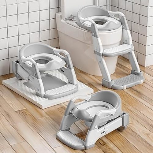 Snugzy Toddler Potty Training Seat 3-in-1 Foldable Potty Training Toilet with Step Stool Adjustable Potty Chair with Urinals (Grey)