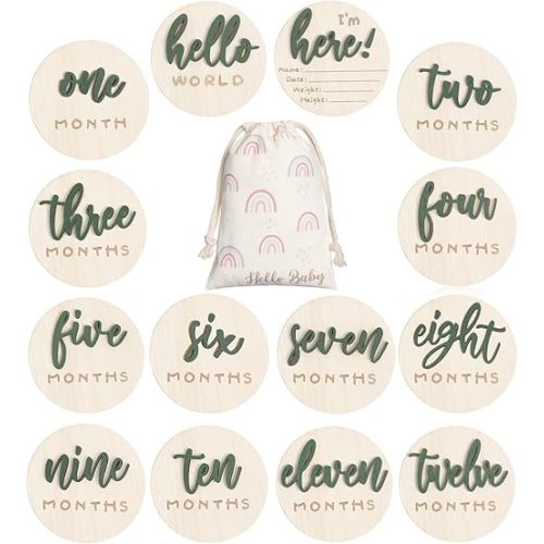 3D Baby Milestone Wooden Circles Hello World Newborn Sign 7 Pack Double Sided Monthly Milestone Cards Sign Baby Announcement Sign for Newborn Shower Photo Props(Green)