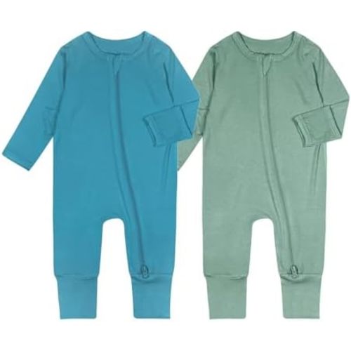 Teach Leanbh Baby Boys Girls 2 Pack Bamboo Viscose Pajamas with Mitten Cuffs 2 Way Zipper Long Sleeve Romper Sleep and Play