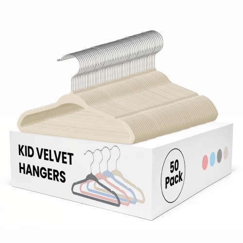 Simple Deluxe 50 Pack Kids Velvet Hangers, Non-Slip Space Saving Baby Hanger for Infant & Toddler Clothes, 11 Inch Lightweight Durable Children Hangers for Closet, Beige White