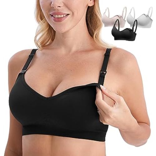 HOFISH Maternity Nursing Bra for Breastfeeding Pregnancy Wireless Bralette  with Pads, Extenders & Clips 3PACK S-XXL