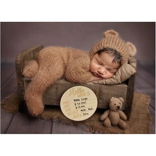 BLUETOP Baby Boy Costume Newborn Outfits, Newborn Photography Outfits Boy Girl with Bonnet, Hand-Knitted Teddy Bear Costume with Baby Announcement Sign