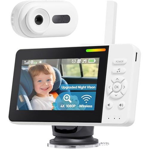 Wireless Baby Car Camera with Upgraded Auto Night Vision, 1080P HD Car Baby Monitor with 360° Adjustable, Easy Install Rear Facing Carseat Mirror, Newborns Travel Essentials Gifts - White