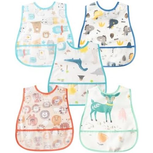 R HORSE 5Pcs Baby Bibs Set Toddler Bibs with Crumb Catcher Pocket & Snap Button Waterproof Baby Feeding Bibs for 6-24 Months