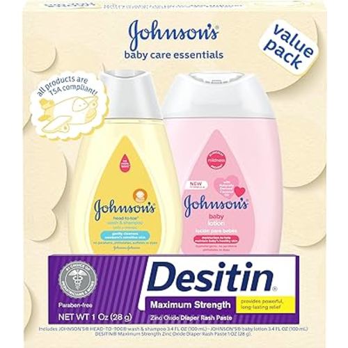 Johnson's Baby Care Essentials Gift Set, Baby Skincare Set with Body Wash & Shampoo, Body Lotion, & Zinc Oxide Diaper Rash Paste for Baby's Delicate Skin, Value Pack, Travel-Size, 3 items