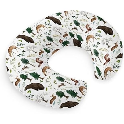 HawSkgFub Woodland Forest Animals Creatures Nursing Pillow Cover for Baby Boys, Pine Tree Bear Fox Deer Leaf Breastfeeding Pillow Slipcover, Nursing Pillowcase for Newborn Infant, Cover Only