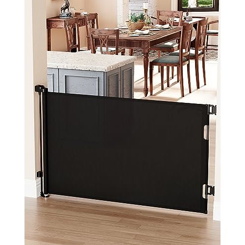 Cumbor Retractable Gates for Stairs, Mesh Dog Gate for The House, Wide Pet Gate 33" Tall, Extends to 55" Wide, Long Safety Gates for Doorways, Hallways, Cat Gate Indoor/Outdoor(Black)