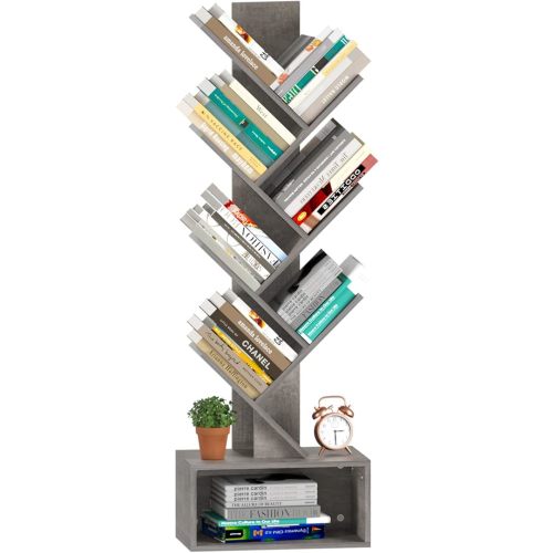 Yoobure Tree Bookshelf - 6 Shelf Retro Floor Standing Bookcase, Tall Wood Book Storage Rack for CDs/Movies/Books, Utility Book Organizer Shelves for Bedroom, Living Room, Home Office, Grey